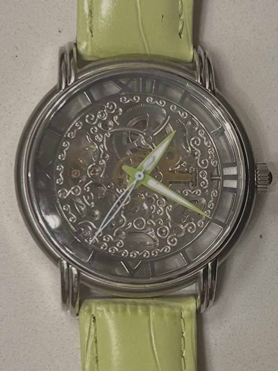 Lime Green Strap Skeleton Dial Watch